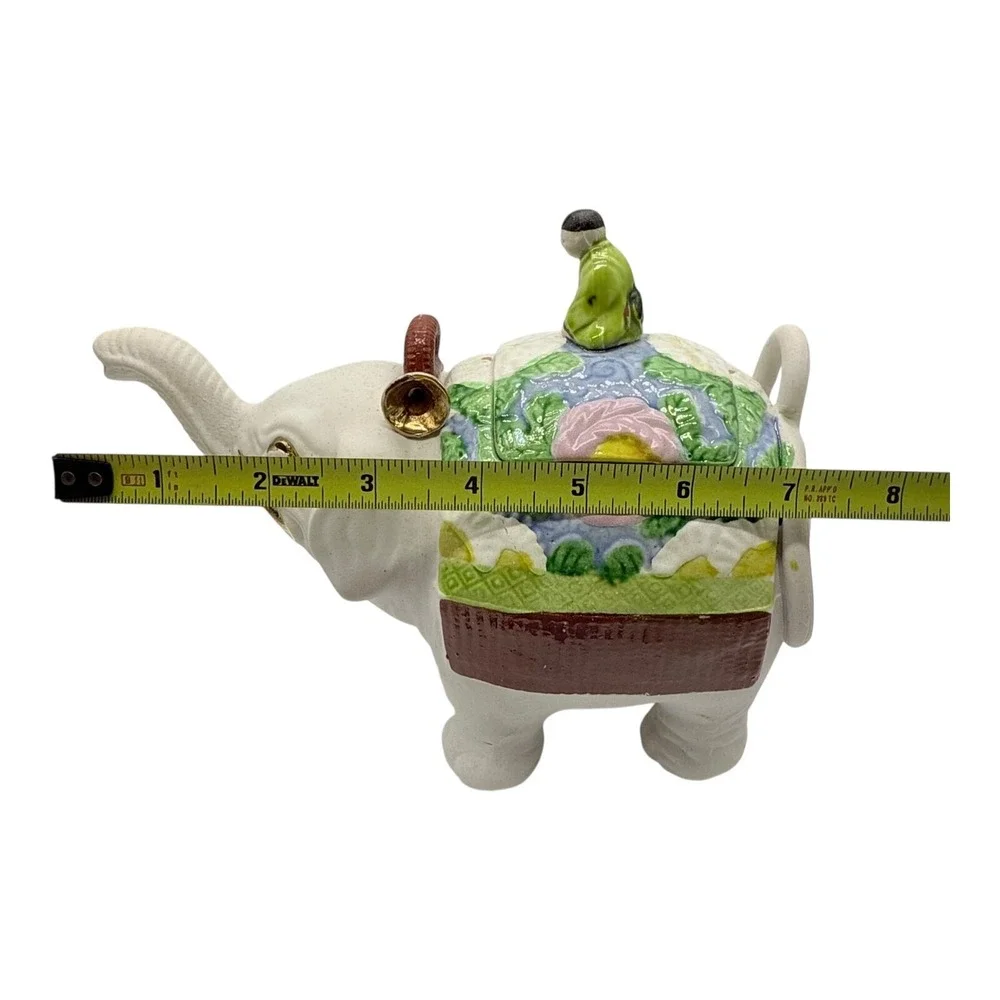Banko-yaki Japanese Elephant Teapot Figurine Man Riding Elephant Vintage